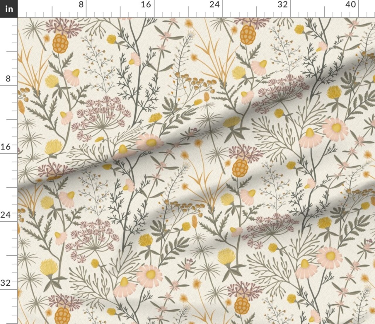Cottage Garden Pastel Mustard Gold Vector Art Botanical Weeds Custom Printed Fabric by Spoonflower Various Fabrics by the Yard or Fat Quarter